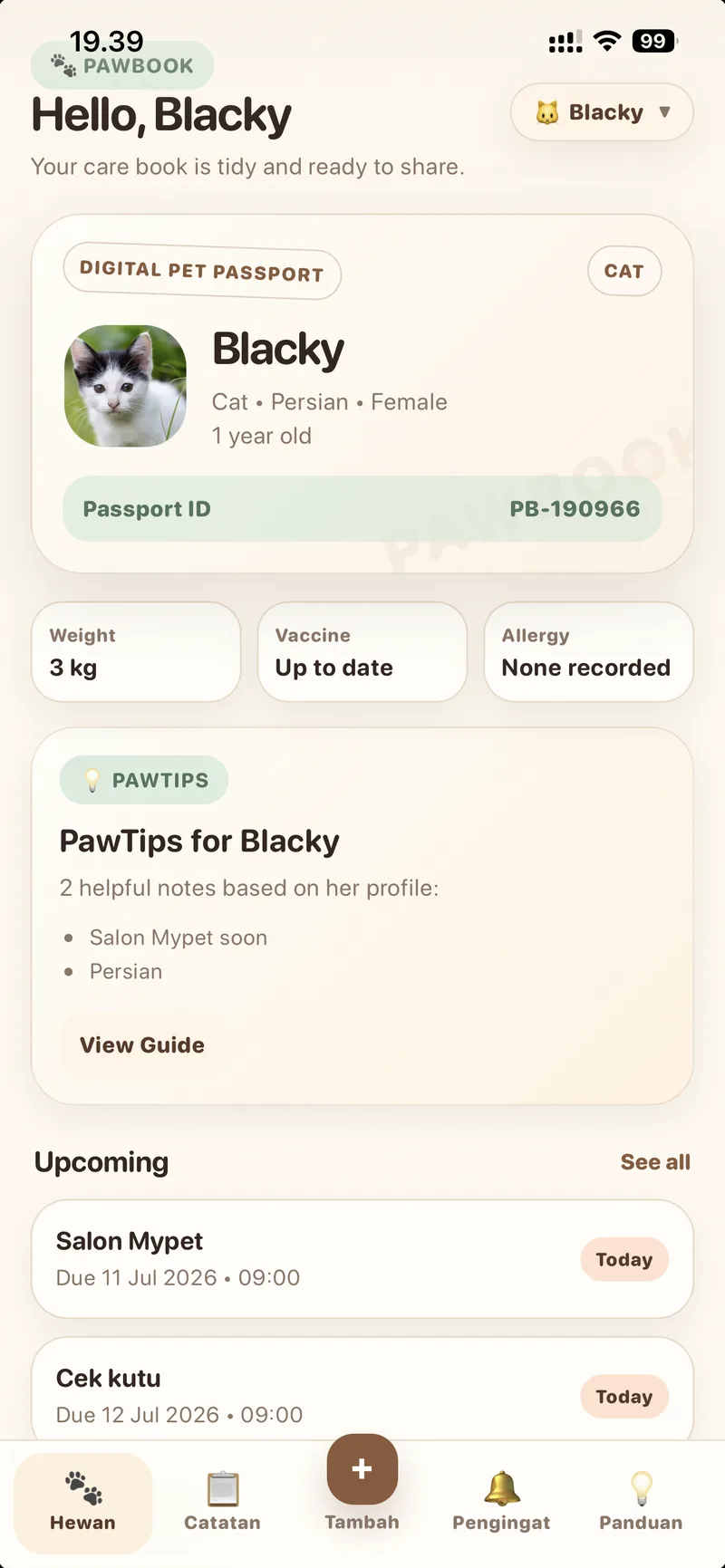 Pawbook — digital pet passport screen showing pet identity, weight, vaccine and allergy status, care tips and upcoming reminders.